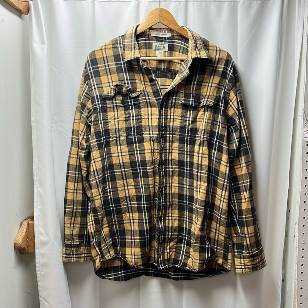 LL‎ Bean Yellow Brown Slightly Fitted Cotton Flannel- L